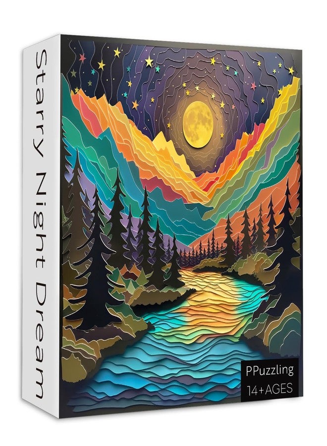 PPuzzling Magic Starry Night Puzzles for Adults 1000 Pieces, Nature Tree Mountain River Sunset Landscape Puzzle, Colorful Autostereoscopy Puzzle Paper Cut Art Puzzle, Difficult Hard Challenge Jigsaw Puzzle - Image 2